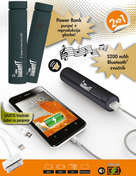 meanit prijenosni punjač Power Bank 5200mAh i BT zvučnik s dodatnim kabelima